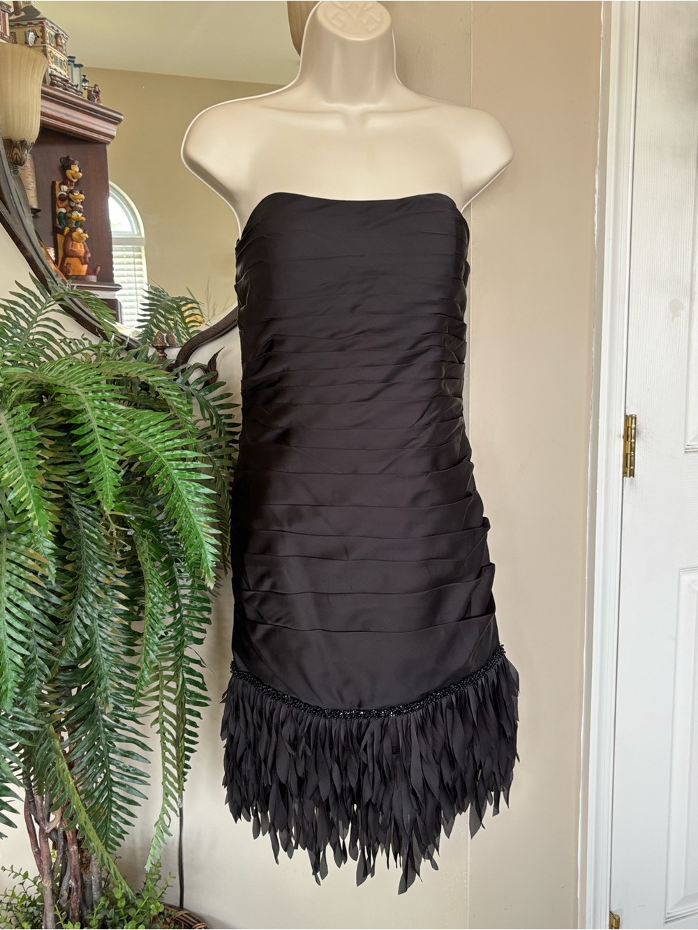 NWOT JS Collections Strapless Black Feather Fringe Beaded Ruched Cocktail Dress
